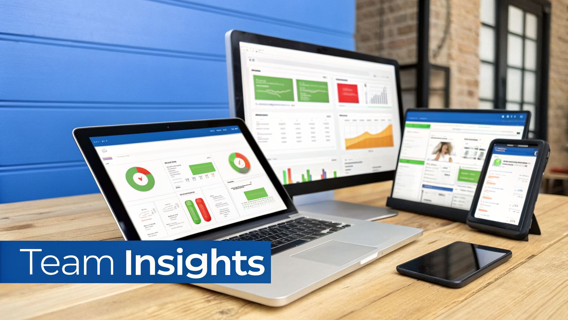 Multiple screens displaying data dashboards for team insights on a wooden desk.