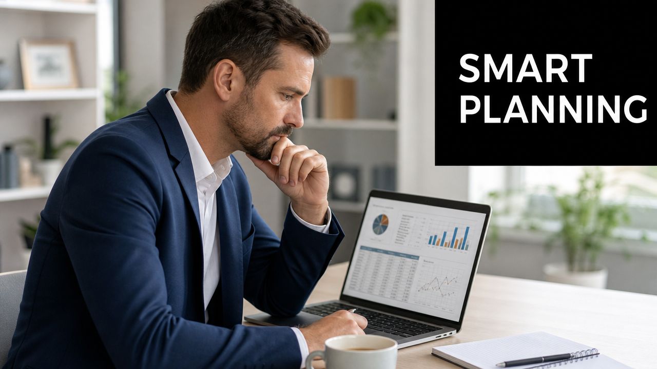 A focused professional businessman analyzes financial charts on his laptop in a modern, well-lit office setting.