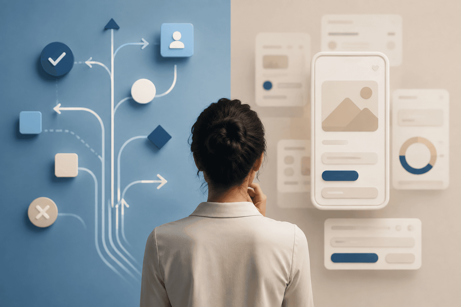 A person standing at a crossroads between decision pathways and digital interface elements, symbolizing thoughtful product and UX decision-making.