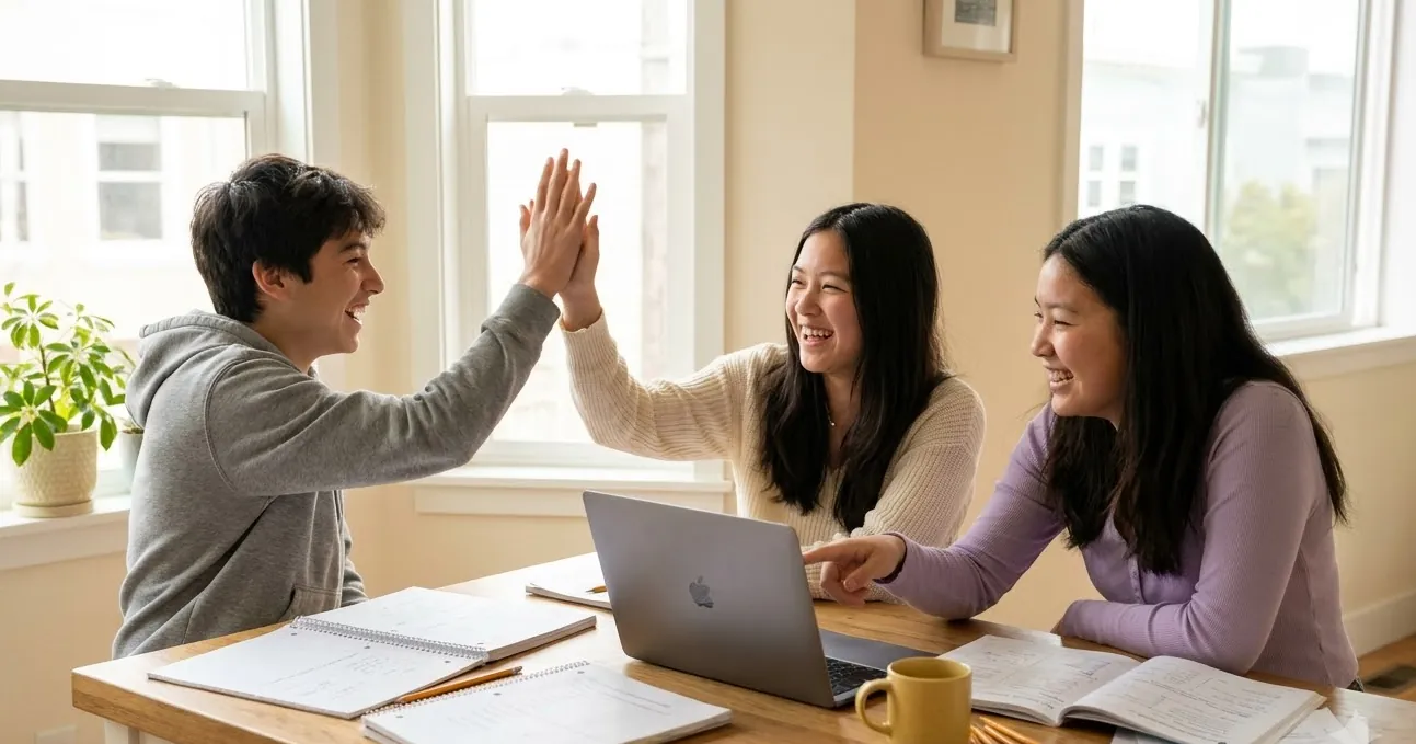 Three students laughing over a laptop at a study table