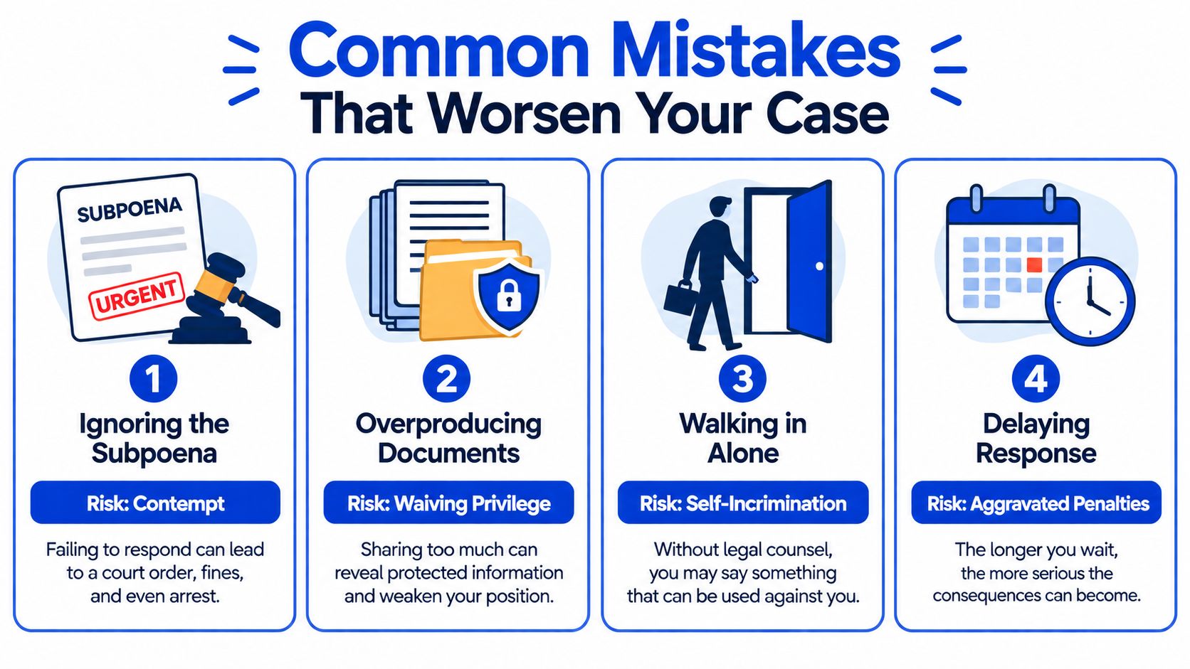 An infographic detailing four common mistakes during a legal case that can worsen your overall situation.