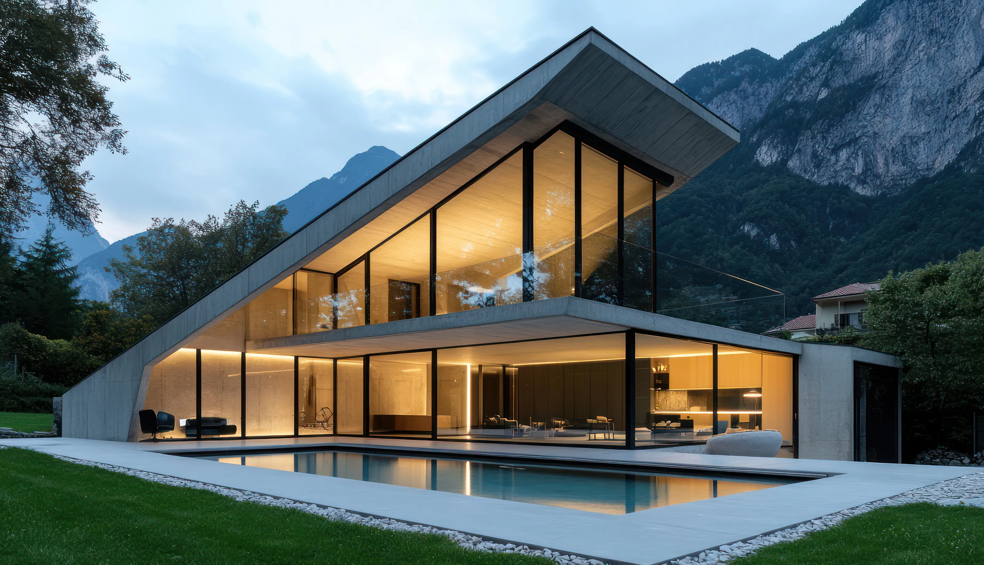 A luxury two-story villa with a dramatic, angular roof design and floor-to-ceiling glass walls. The interior is brightly lit, showcasing a minimalist living space. In the foreground, there is a clear blue swimming pool, and the background features towering, dark mountains under a twilight sky.