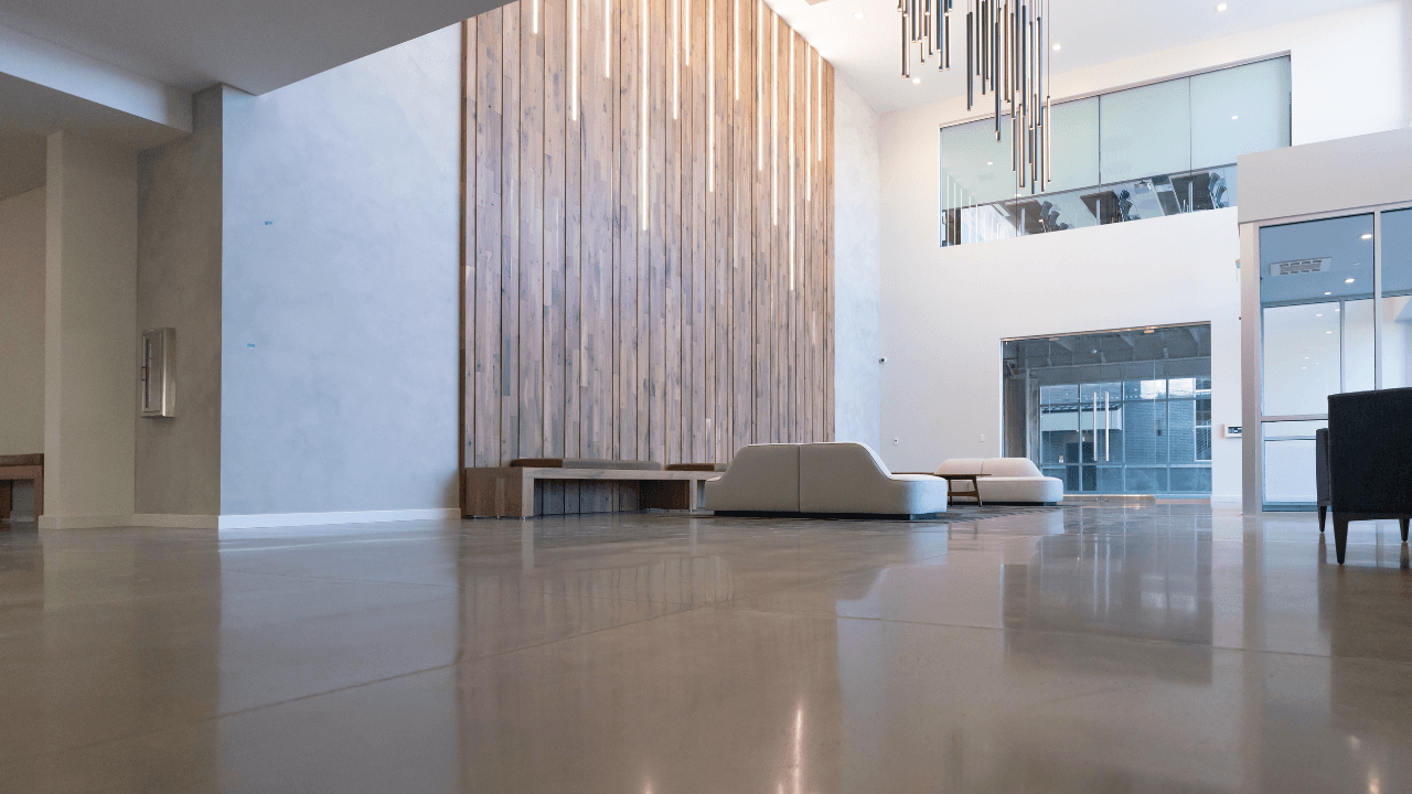 Polished concrete floor in a modern commercial lobby