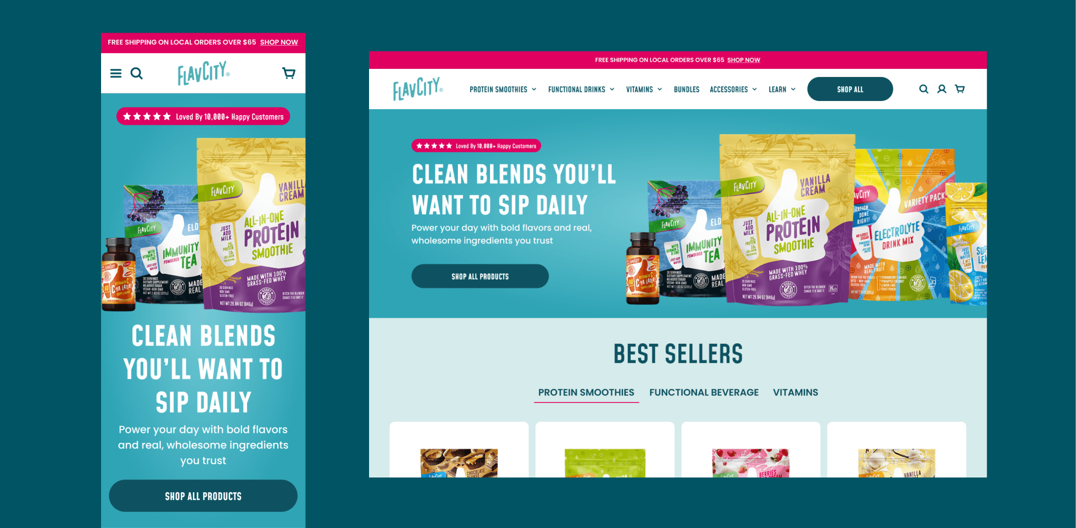 FlavCity Shopify homepage showcasing wellness products and bundles