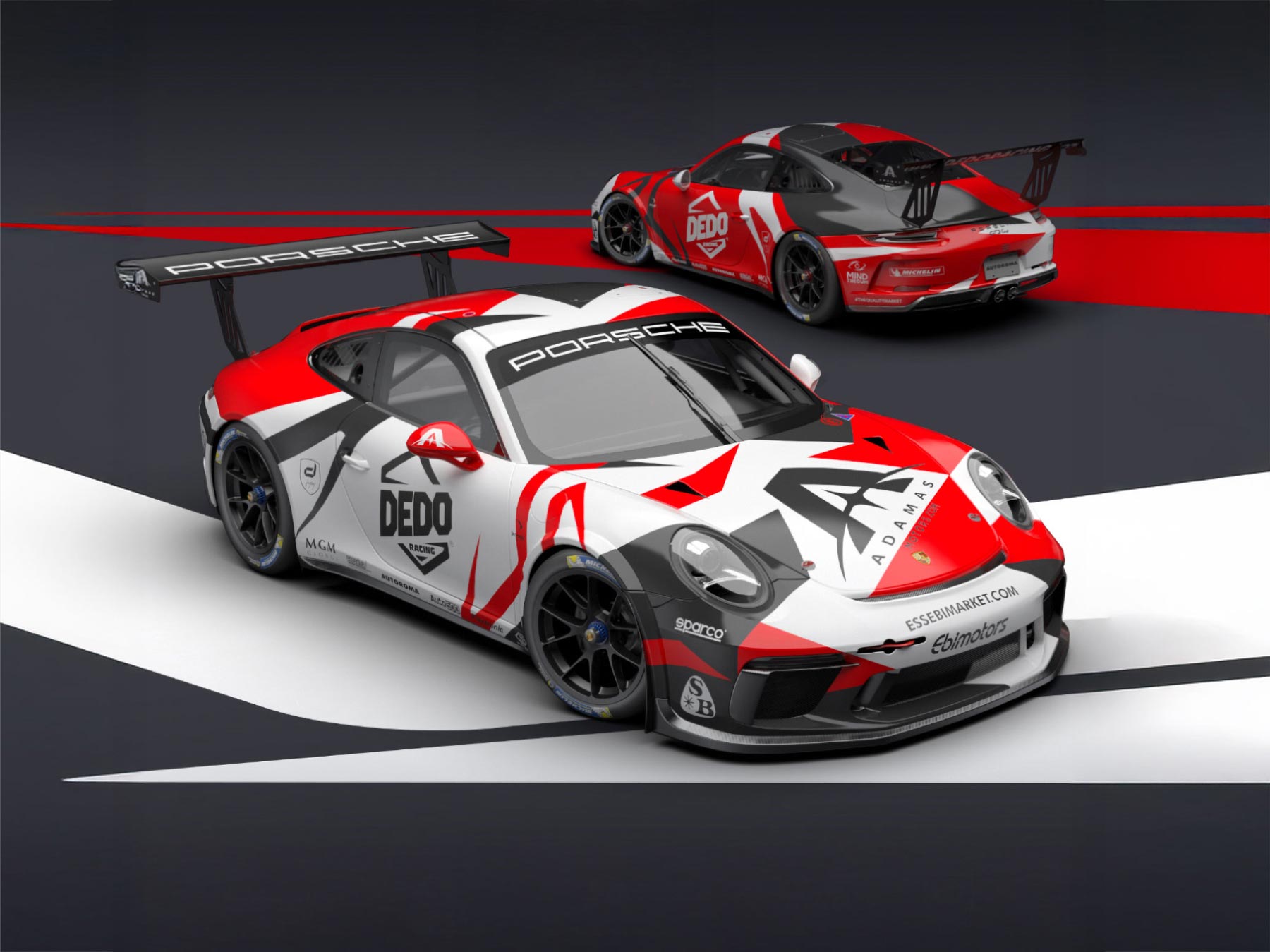 Renders of custom racing livery for Deco Racing Porsche 911, 3/4 front and rear views