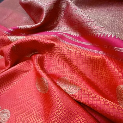 Hot Coral Pink Kanchivaram Silk Saree