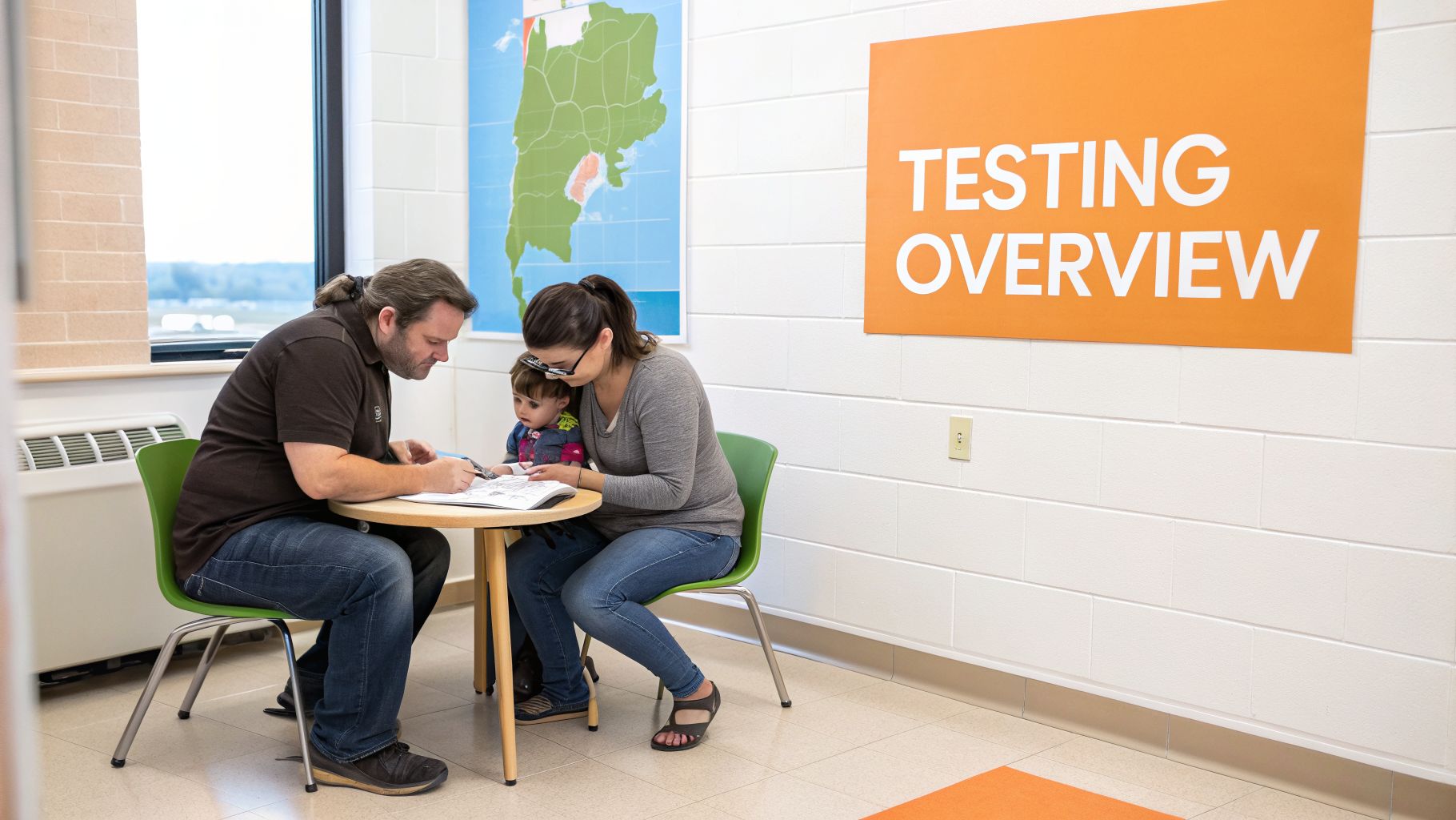 A father, mother, and child review educational materials at a table in a testing center.