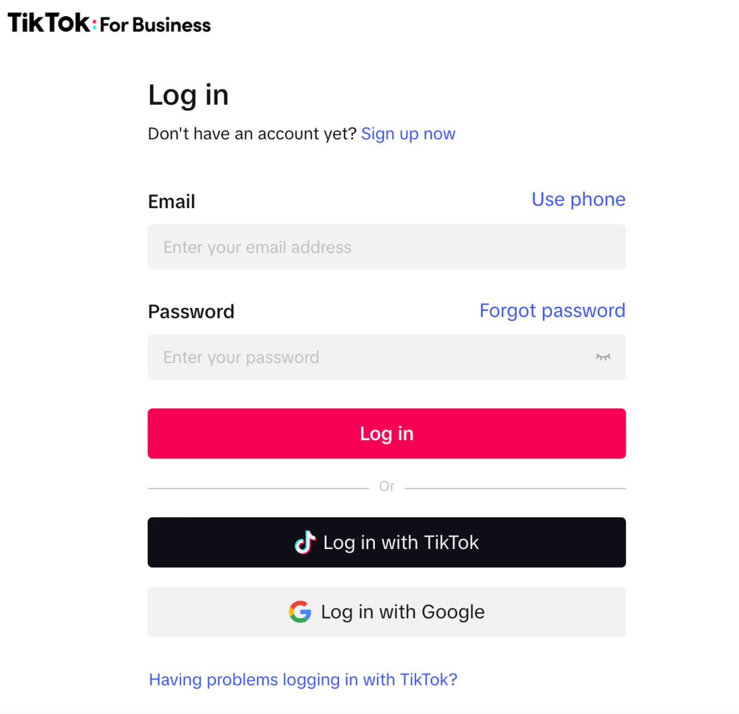 Log In to TikTok for Business: A TikTok for Business login screen with email, password, and third-party login options.