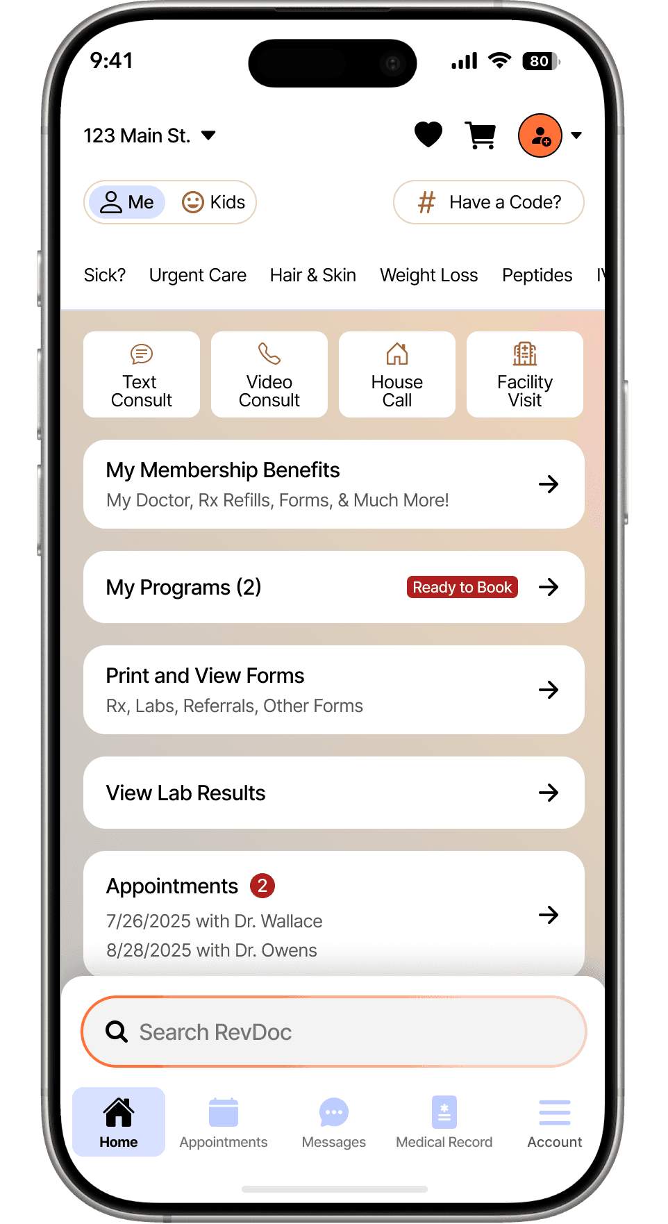 A screenshot of the RevDoc Member app UI
