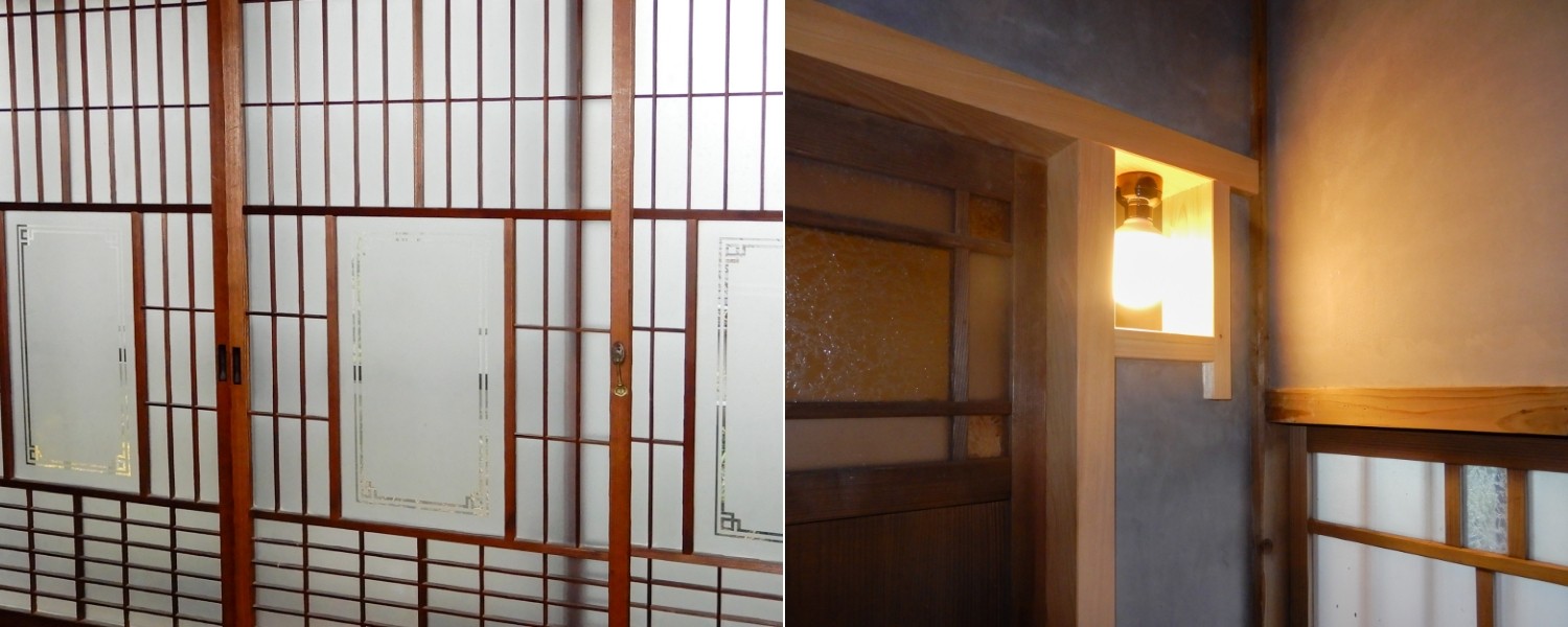 左:お施主さんが惚れ込んだ昭和初期の建具。「繊細で美しいですね」 右:建築した86年前の形に再現した厠(かわや)の灯窓。「鴨居と方立は新しいものを取付けました。建具も残っていたので、一本引きと開き戸をそのまま使用しました」