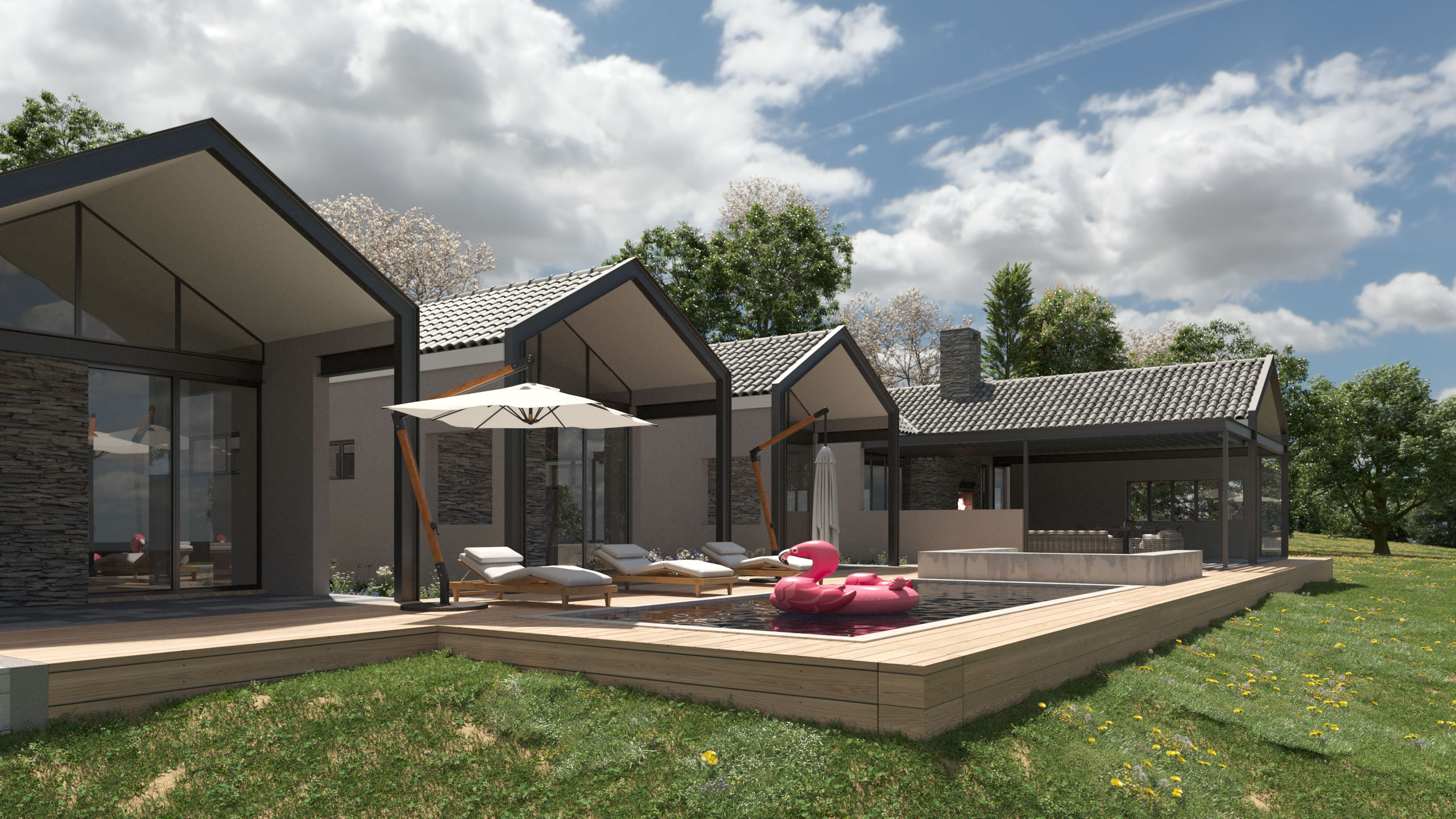 Modern gable house with swimming pool and green grass