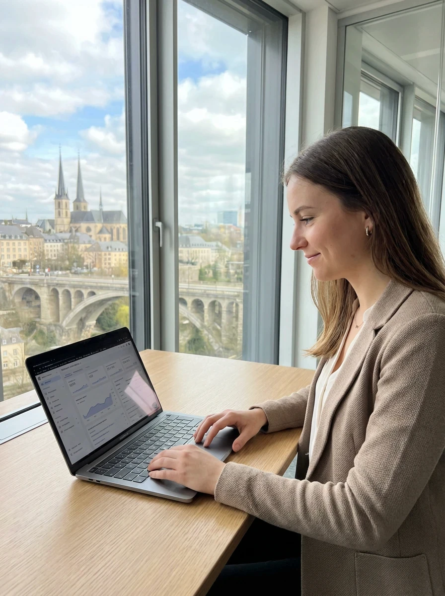 Confident woman in a tan suit holding a resume in a bright office, with colleagues working in the background.