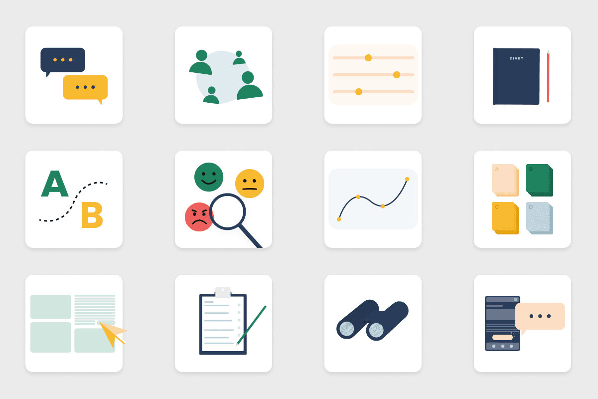 A four by three grid layout that presents various illustrations in each box. All illustrations reperesent methods of user research, such as A B Testing, and user suverys.