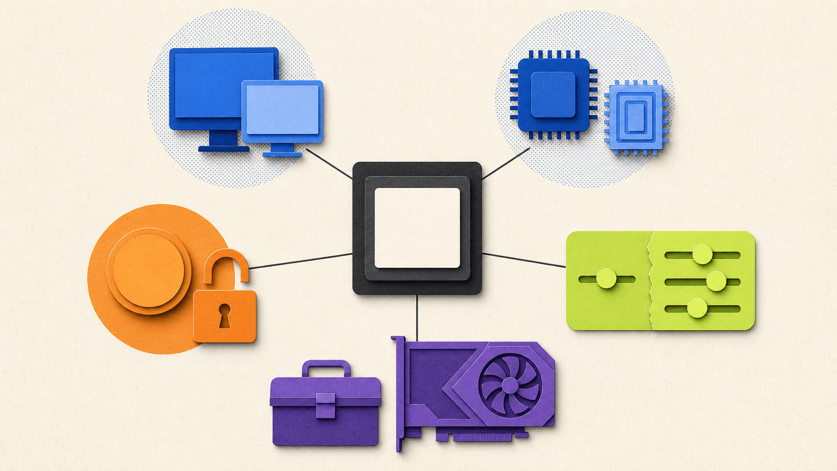 Editorial decision map connecting a virtual-machine window to five factors: host system, processor architecture, licensing cost, setup difficulty, and workload.