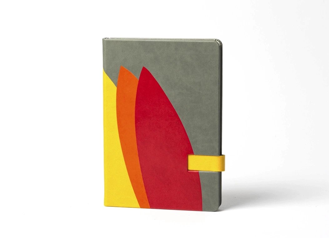 Front view of multicolor leather journal with curved color panels