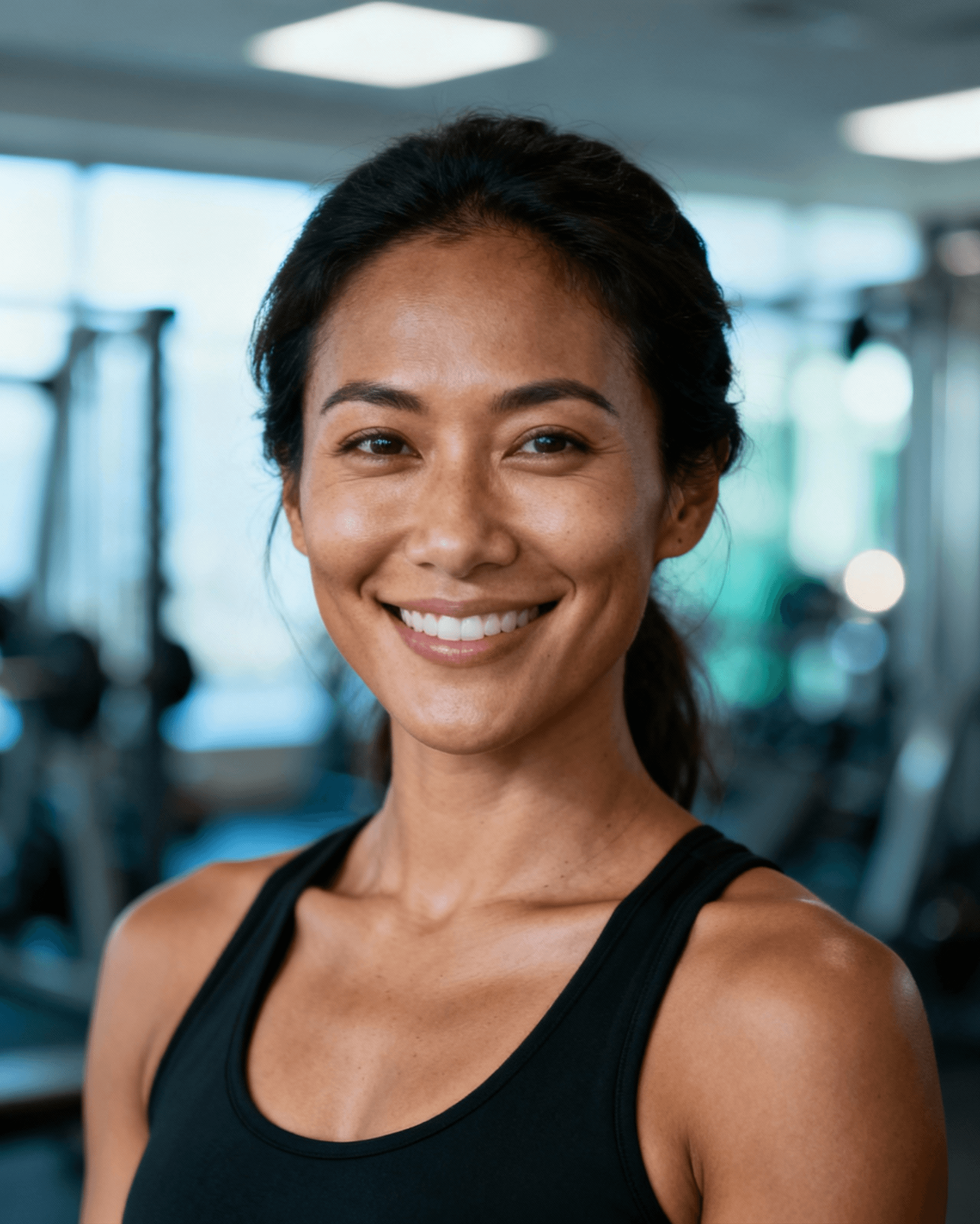 Fit woman in a black tank top smiling in a gym environment with exercise machines in the background.