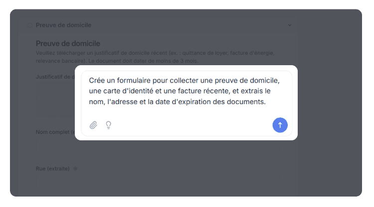Crée un formulaire pour collecter une preuve de domicile, une carte d'identité et une facture récente, et extrais le nom, l'adresse et la date d'expiration des documents.