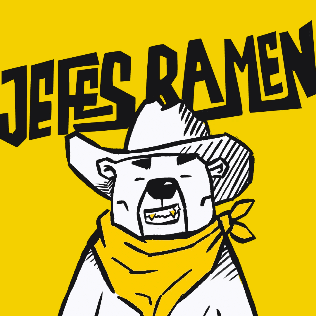 A cartoon bear wearing a cowboy hat and bandana, with "Jefes Ramen" text on a bright yellow background.