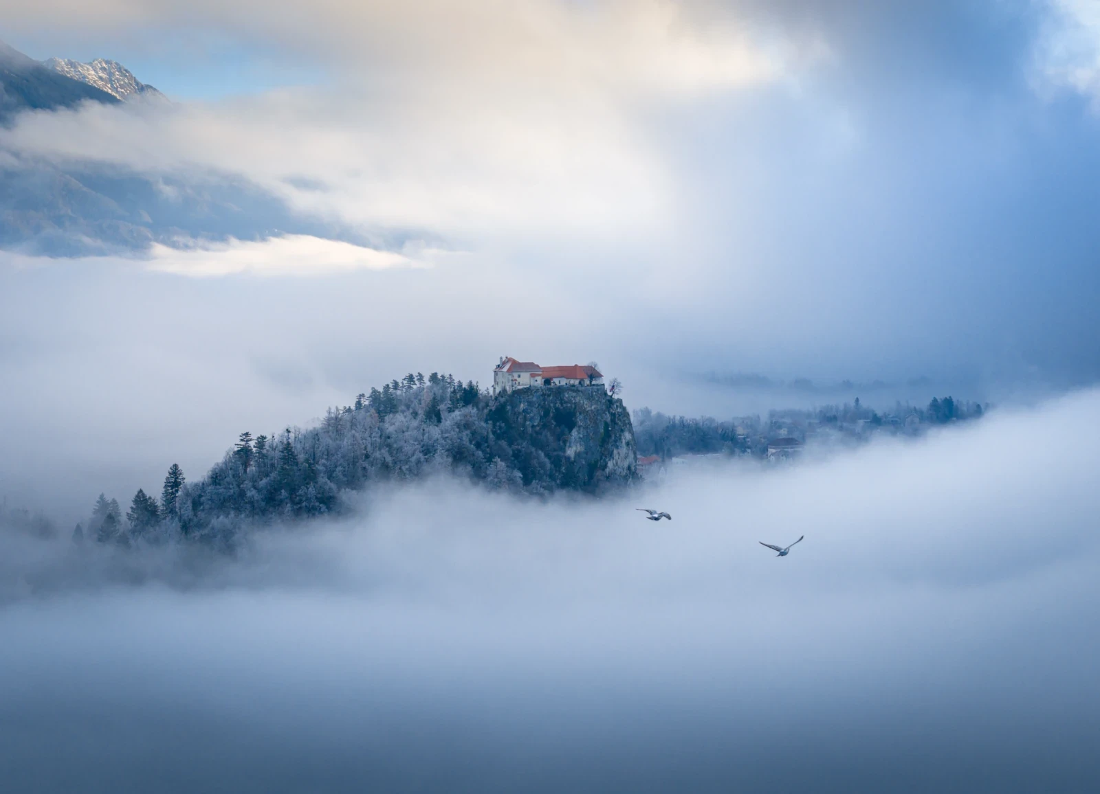 Bled Castle in Slovenia perched on top of a cliff surrounded by fog during a cold winter morning.