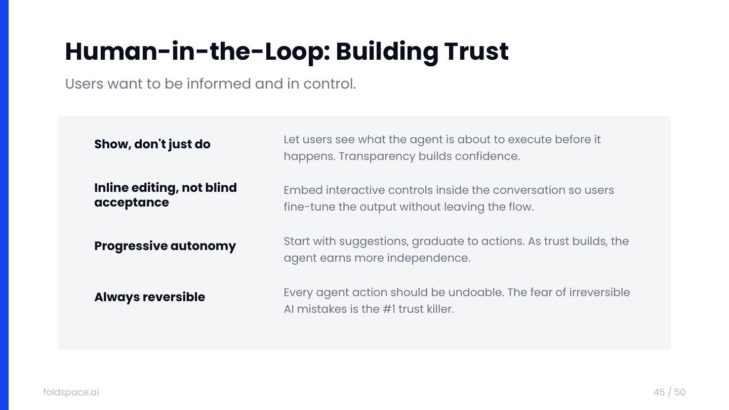 slide-44.png — Human-in-the-Loop, Building Trust: show don't just do, inline editing, progressive autonomy, always reversible