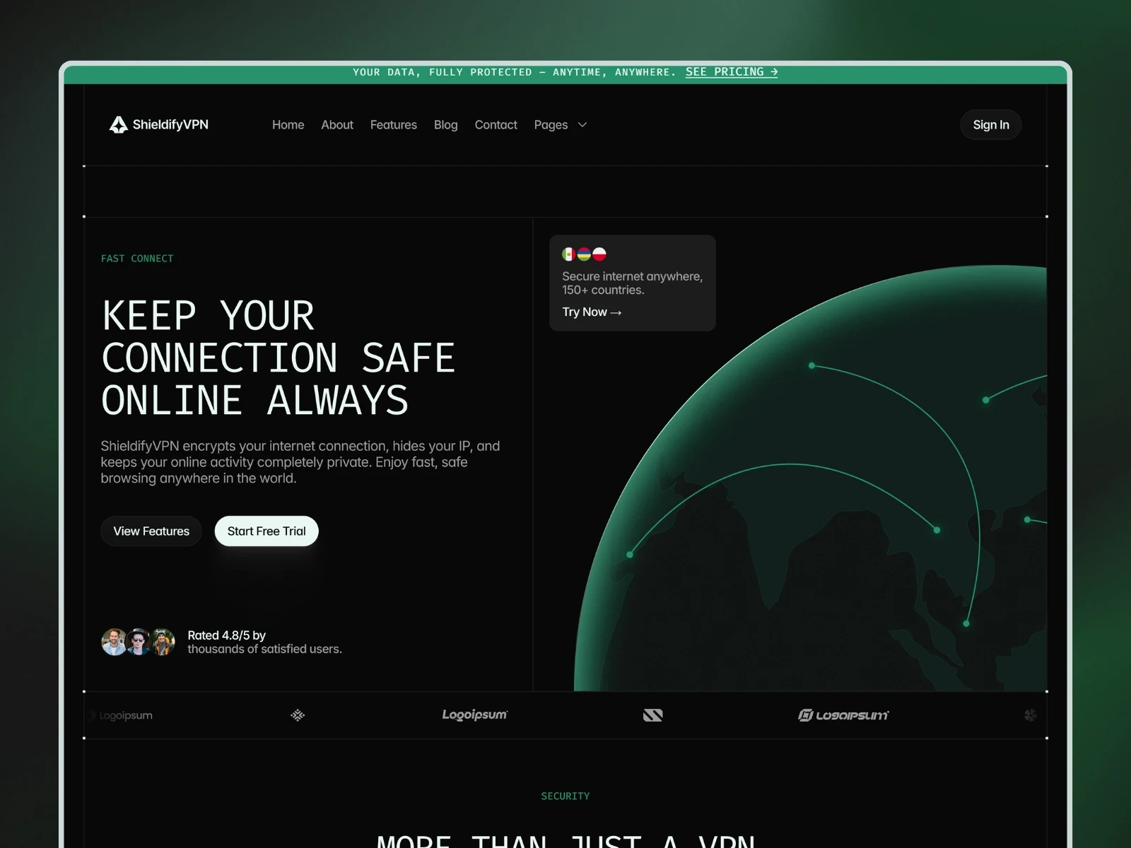 ShieldifyVPN cybersecurity Framer template featuring VPN services, online privacy, secure connections, and a dark technology-focused design.