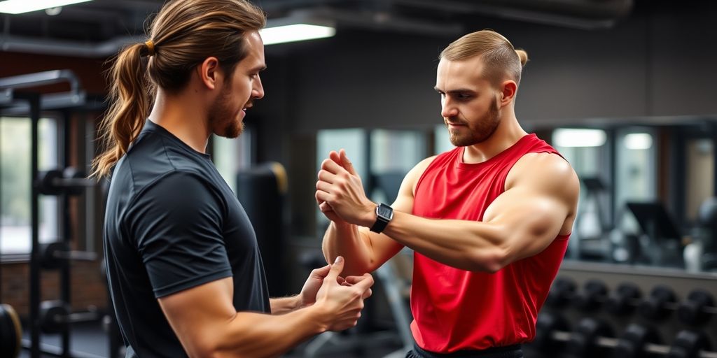 Trainer guiding client in gym workout