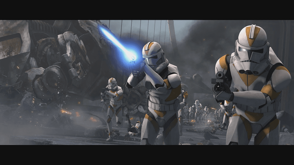 Clone Troopers wearing yellow and white armor firing their blasters