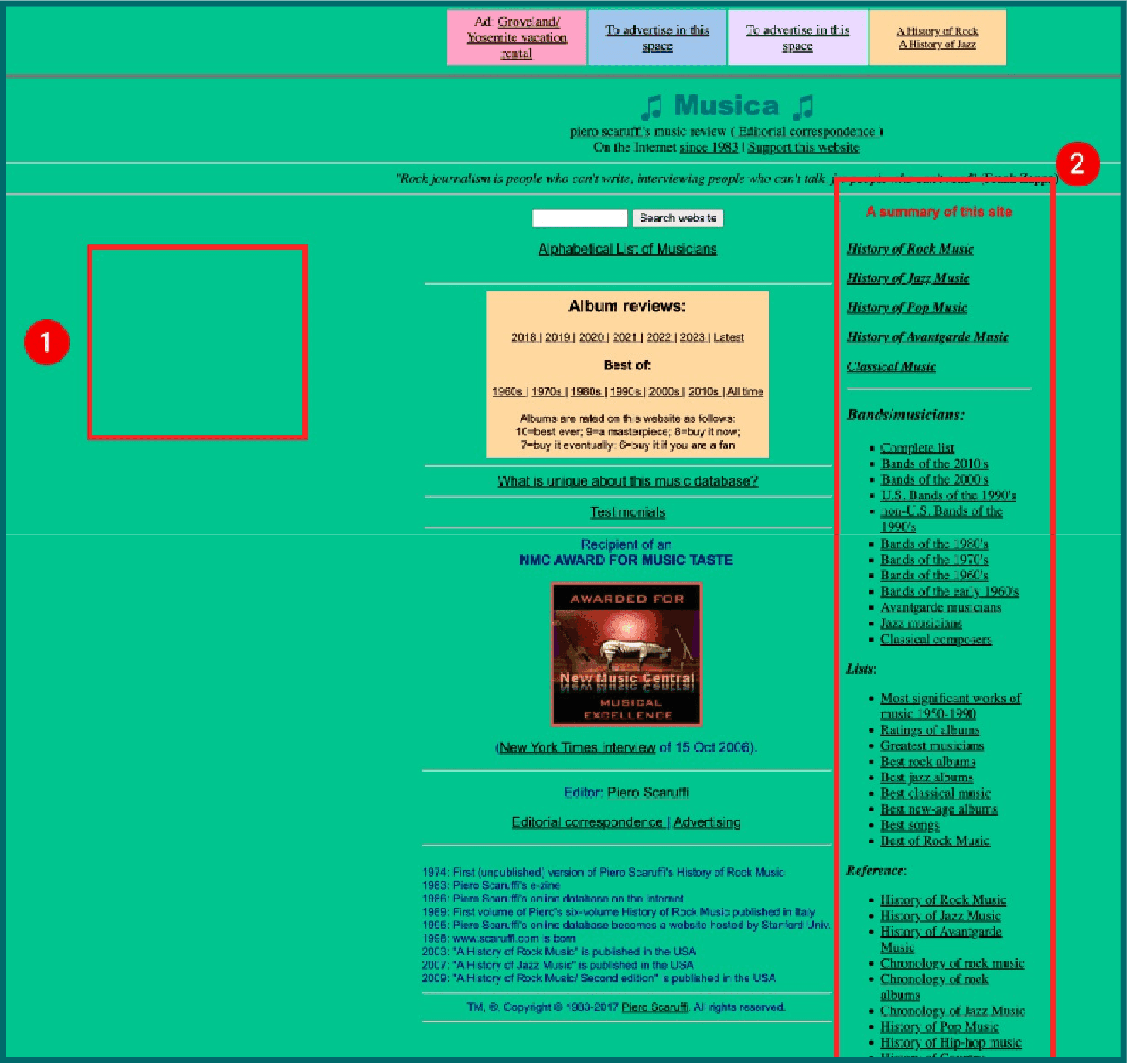 Annotated screenshot. Labeled #1 is a red rectangle highlighting the patterned background of the website. Labeled #2 is a rectangle highlighting a bunch of text that is aligned to the right. Labeled #3 is a rectangle highlighting a bunch of linked text