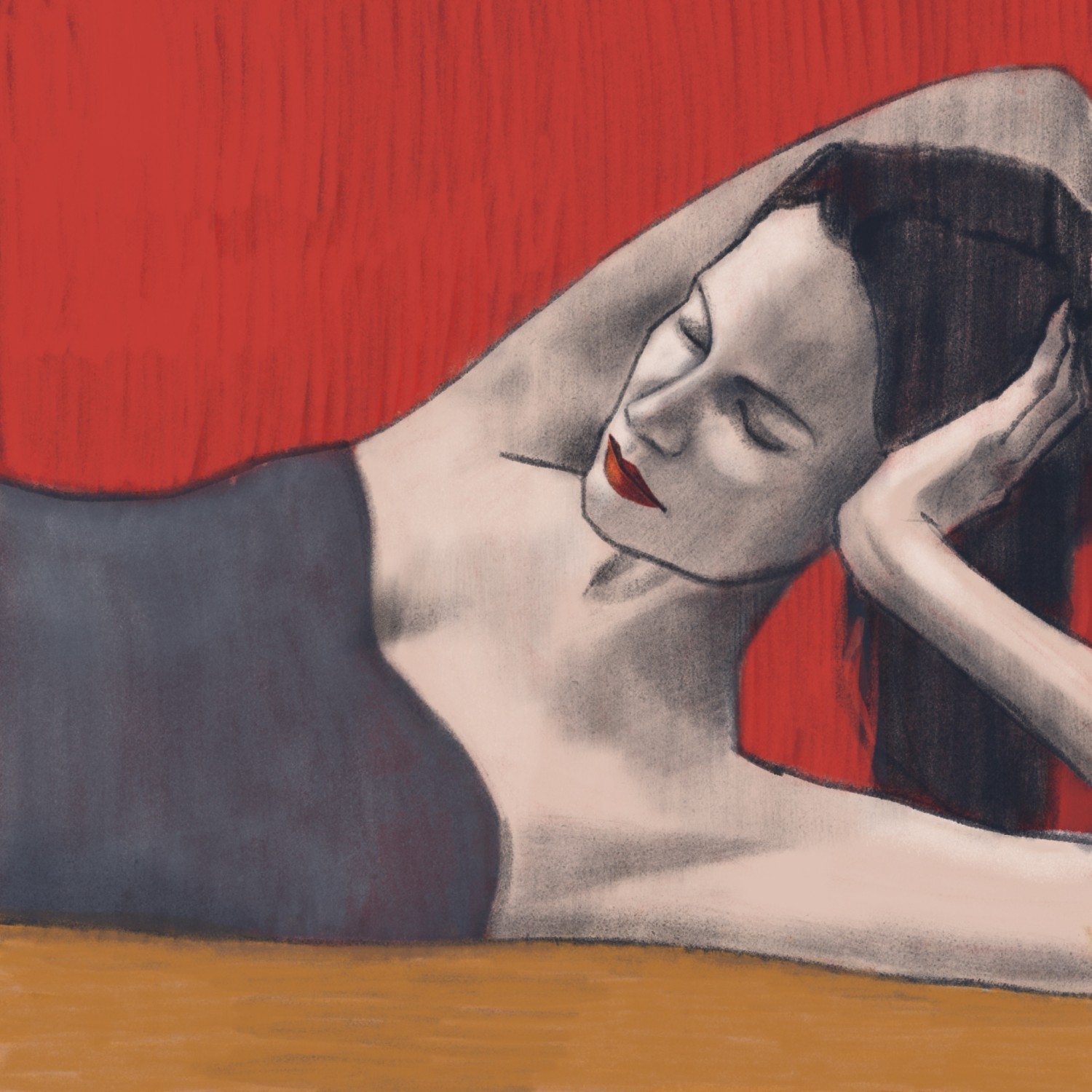 Woman lying down with her hand in her hair and eyes closed, against a red background — "Red Square" by Katarzyna Księżopolska