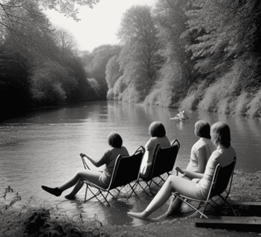 Some people are sat by the side of a river in a image representing the 1970s