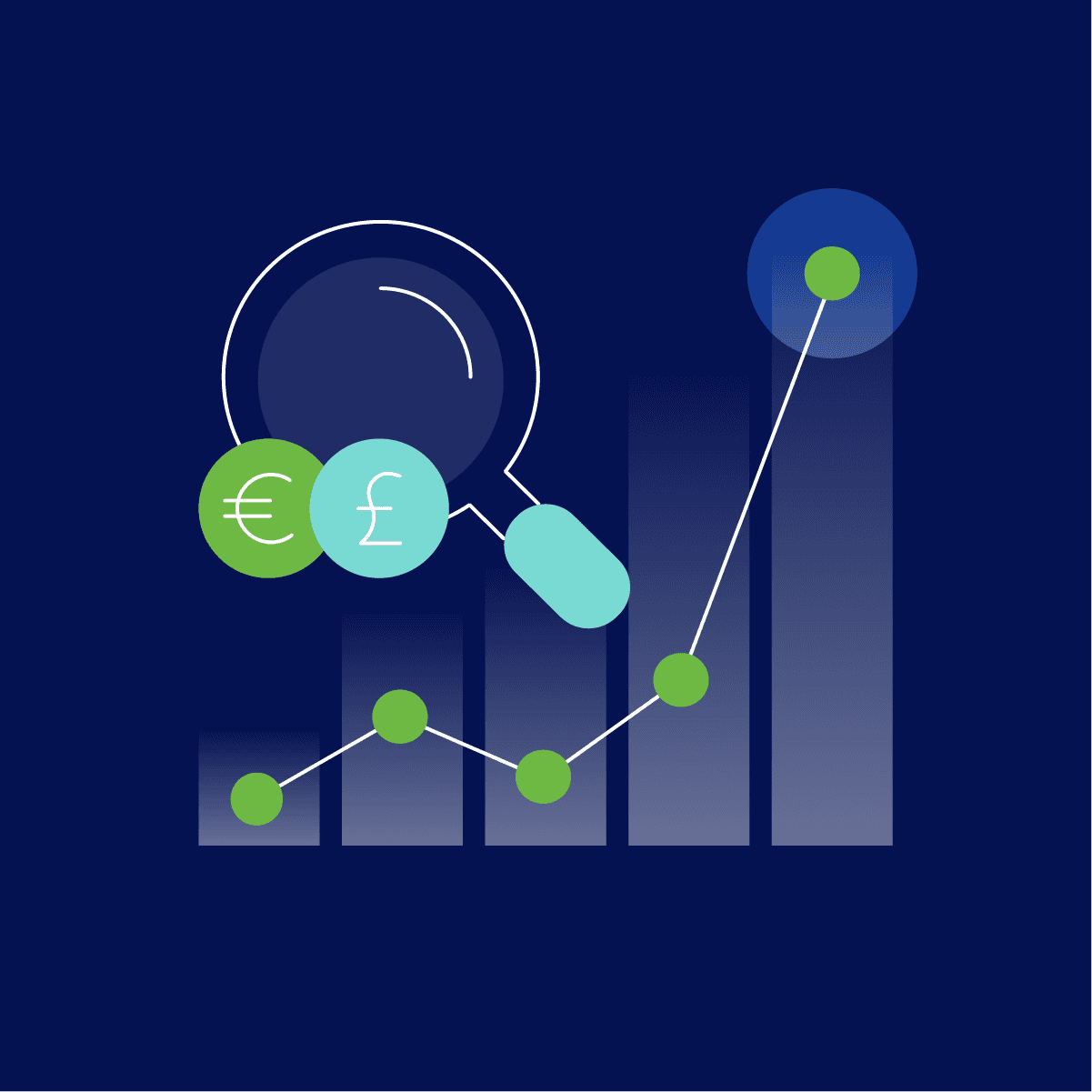 Illustration of a bar chart with a magnifying glass, a euro symbol, and a line graph showing a trend