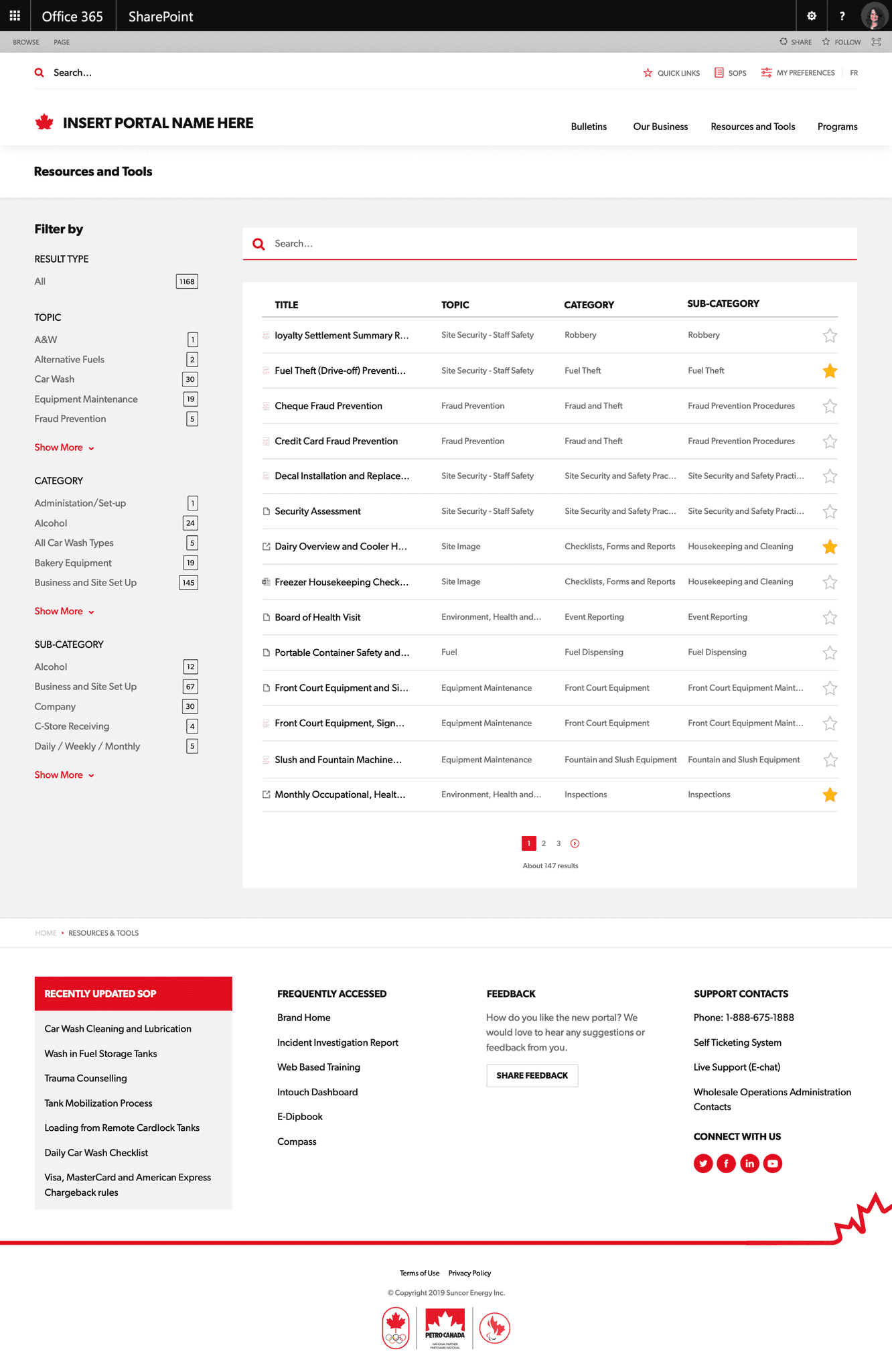 Resources Library landing page, where users can search or browse policies and procedures. A filter is available for users to narrow content by type and category.