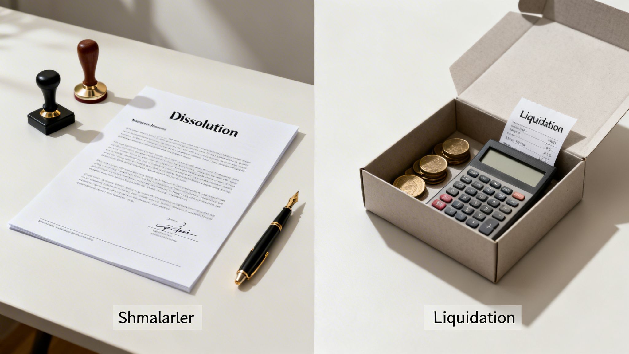 Documents for business dissolution with stamps and financial liquidation with a calculator and coins.