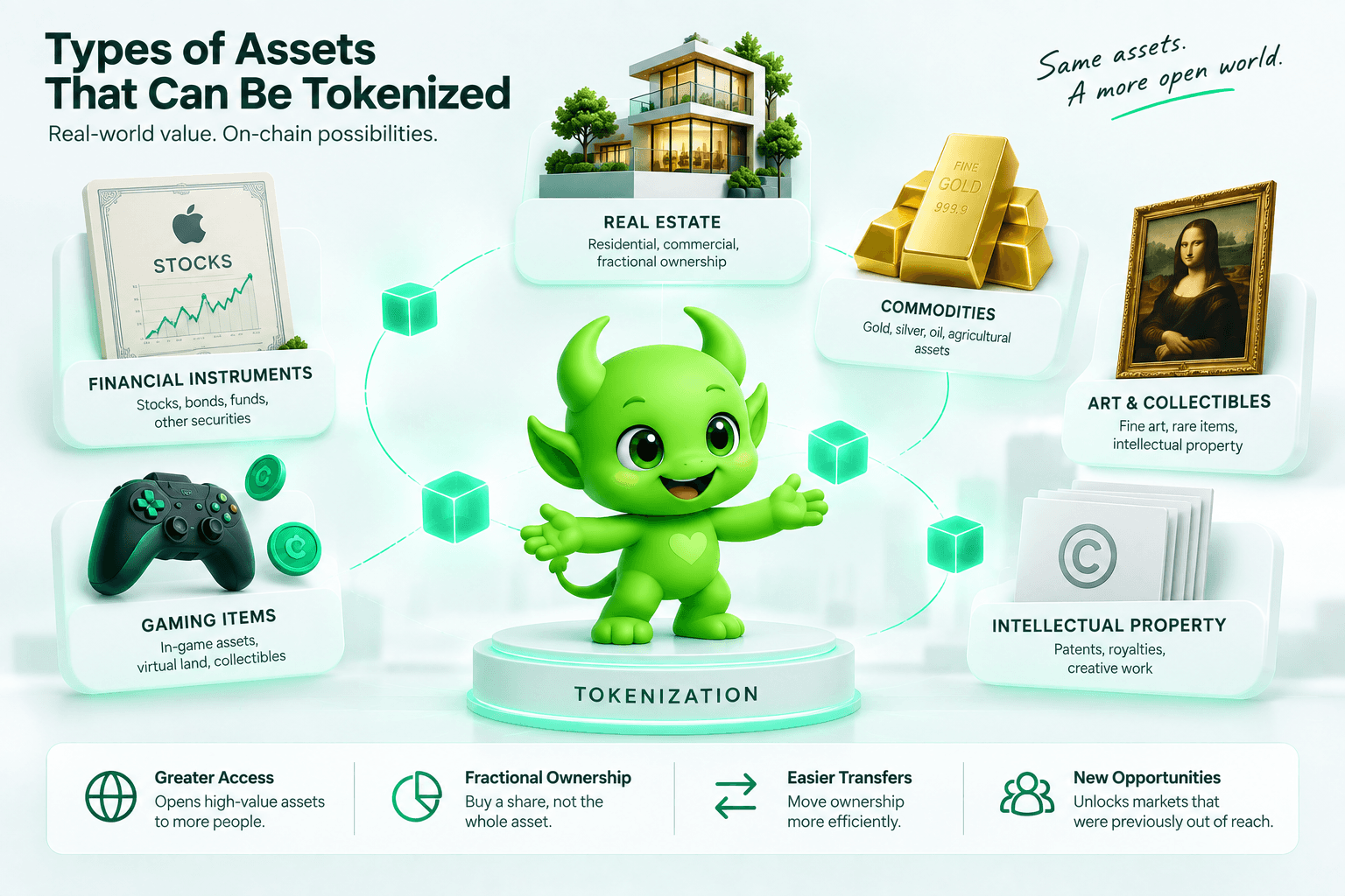Infographic showing types of tokenized assets including real estate gold financial instruments digital art and gaming items on blockchain