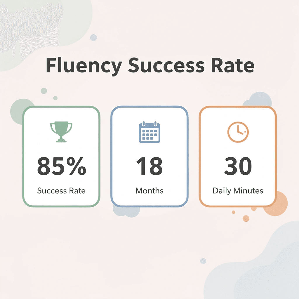 Statistics showing 85% success rate, 18 months timeline, and 30 daily minutes