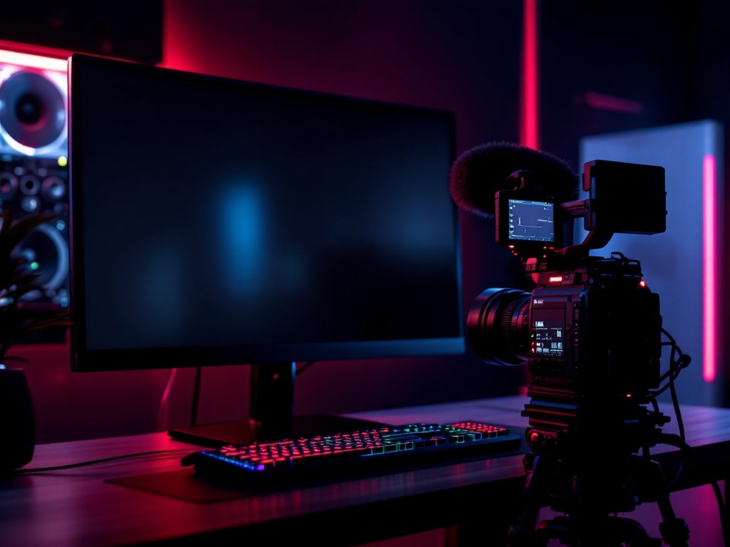 A camera set up to film a computer screen.