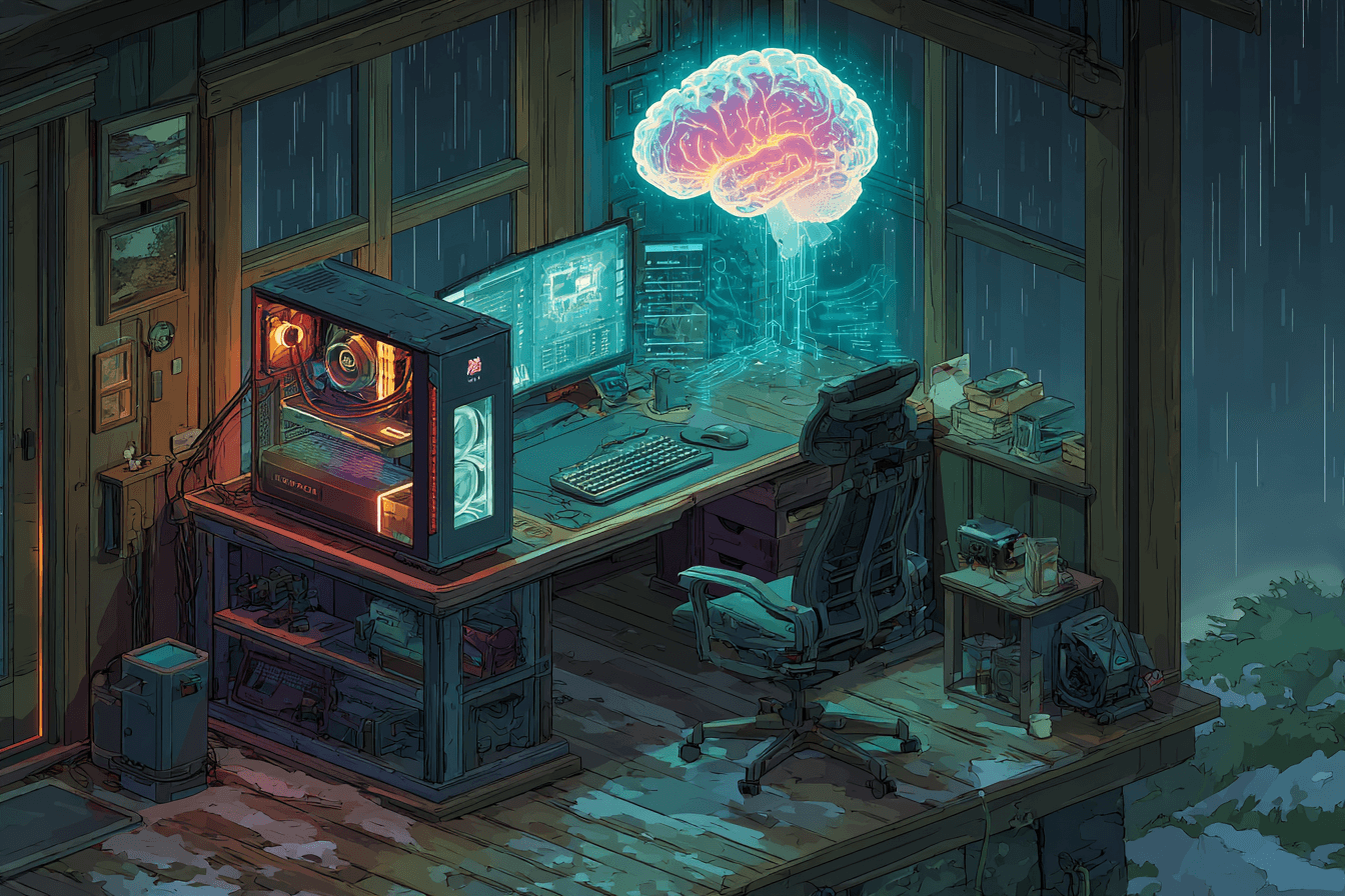 Futuristic cyberpunk home office at night with a powerful glowing gaming PC and NVIDIA GPU, holographic AI brain floating above the desk made of neural networks and glowing tokens, representing private sandboxed LLMs running offline