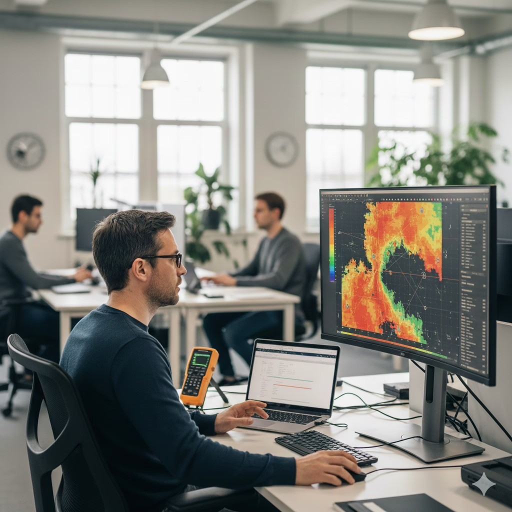 Carte thermique Ekahau d'un site audit montrant le niveau de signal Wi-Fi (RSSI)