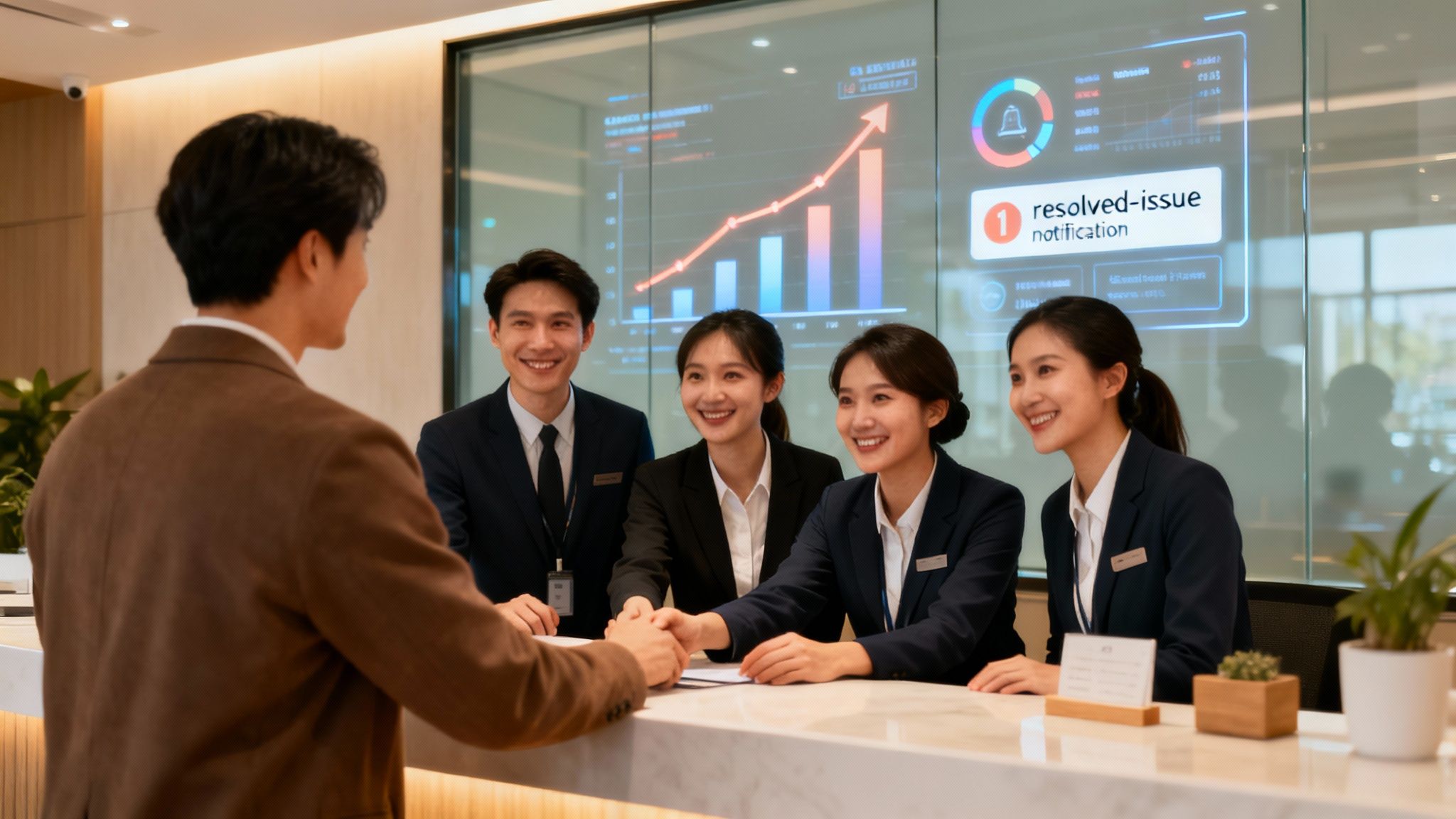 Four smiling customer service representatives greet a client at a modern reception desk with digital displays.