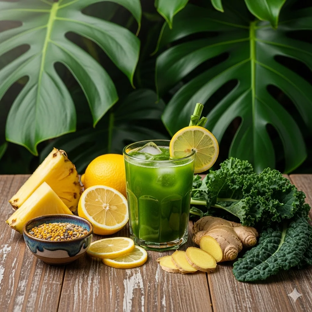 Imagem de Suco Detox com ingredientes em mesa de madeira e fundo de natureza.