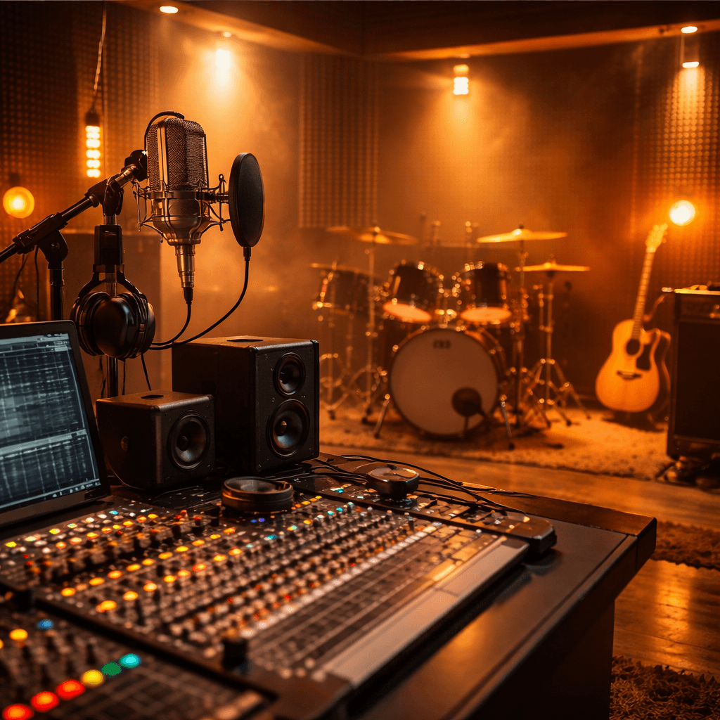 Silhouetted band members play instruments in a smoky warehouse, backlit by vibrant orange and teal lights, creating a moody, dramatic ambiance.