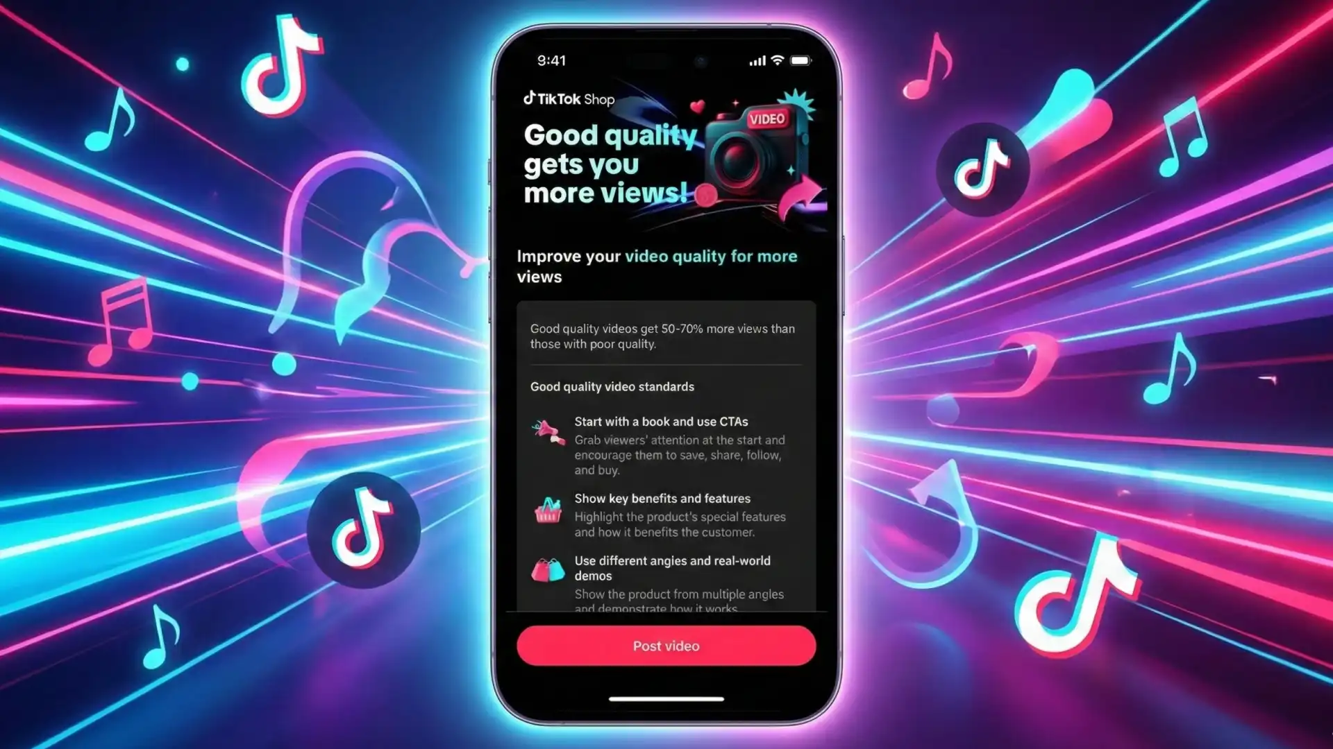 TikTok Shop Good Quality Video guide interface showing Hook-Meat-CTA standards that increase views by 50-70 percent for brands
