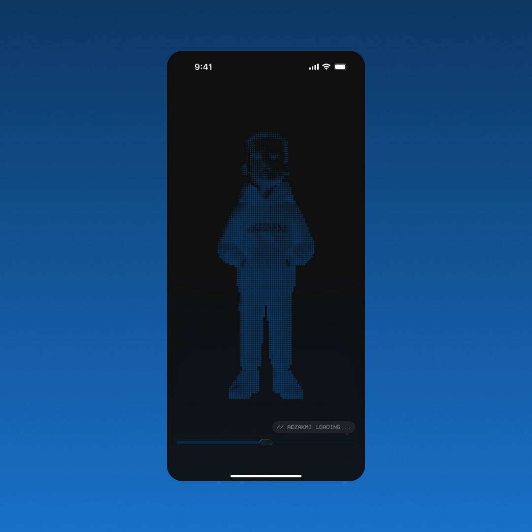 Mobile app loading screen with pixelated avatar character in dark futuristic UI