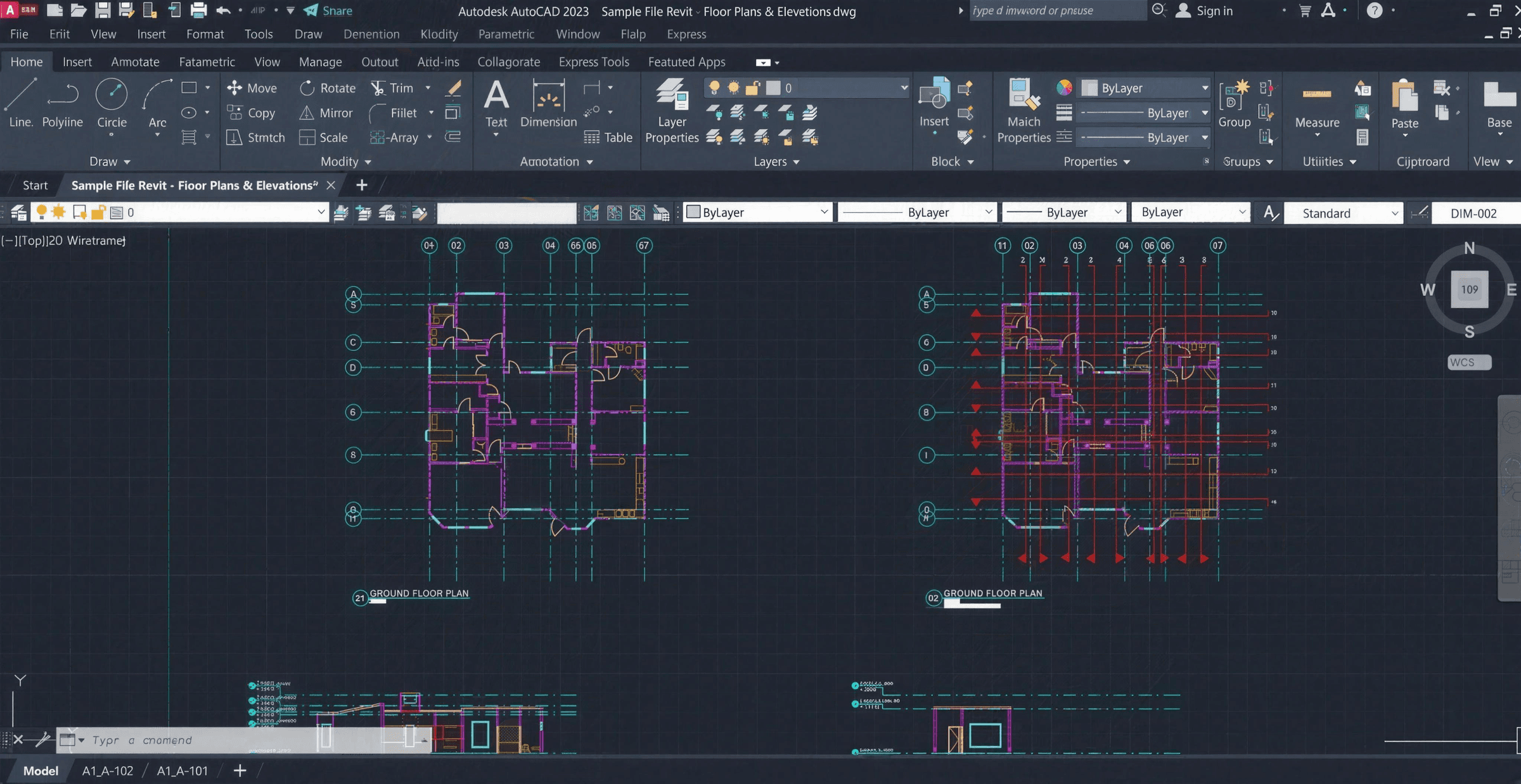 AutoCAD floor plans and sectional elevations, dimensioned and to scale
