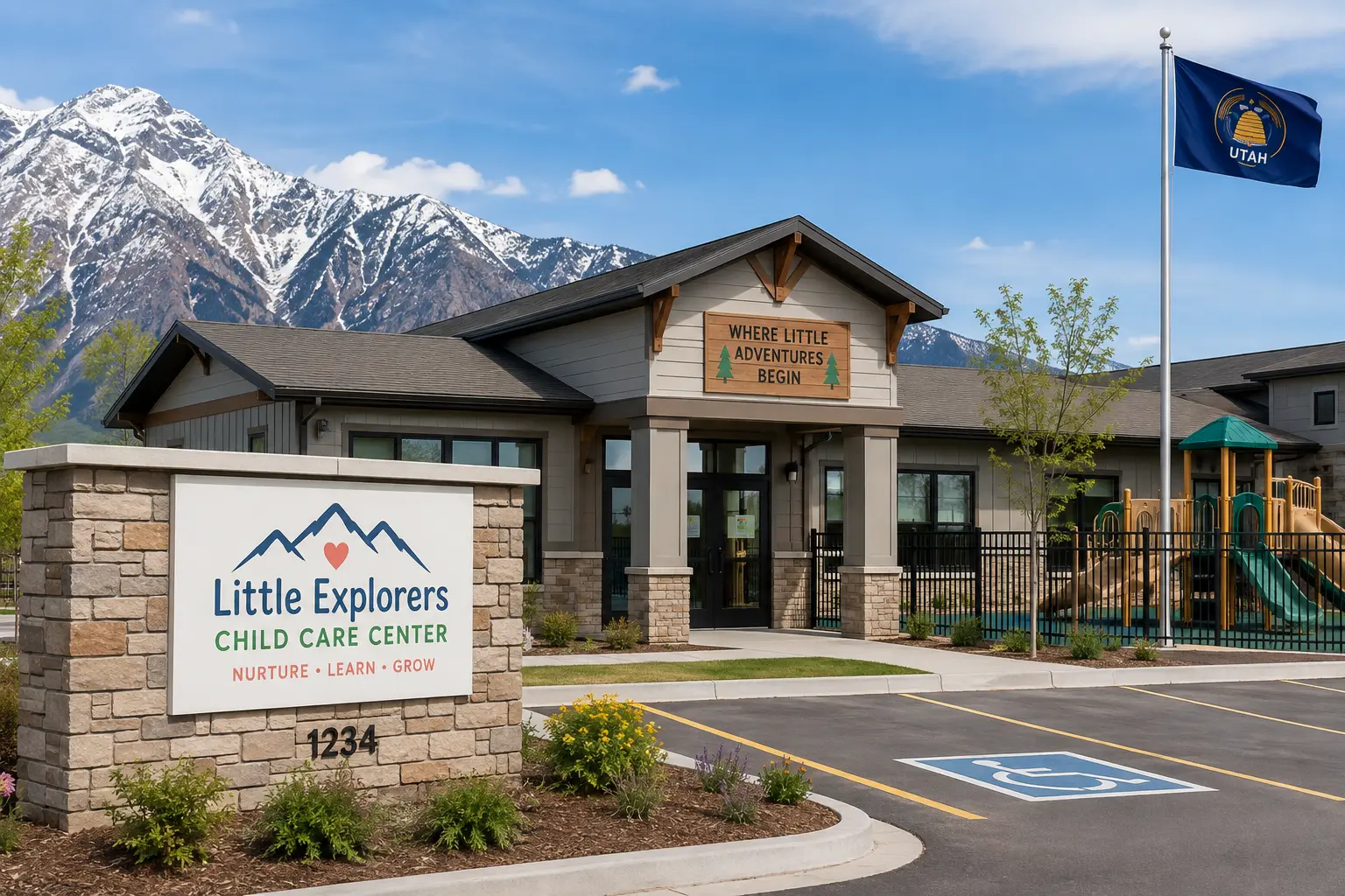 an image of the outside of a child care center in utah with mountains in the backdrop