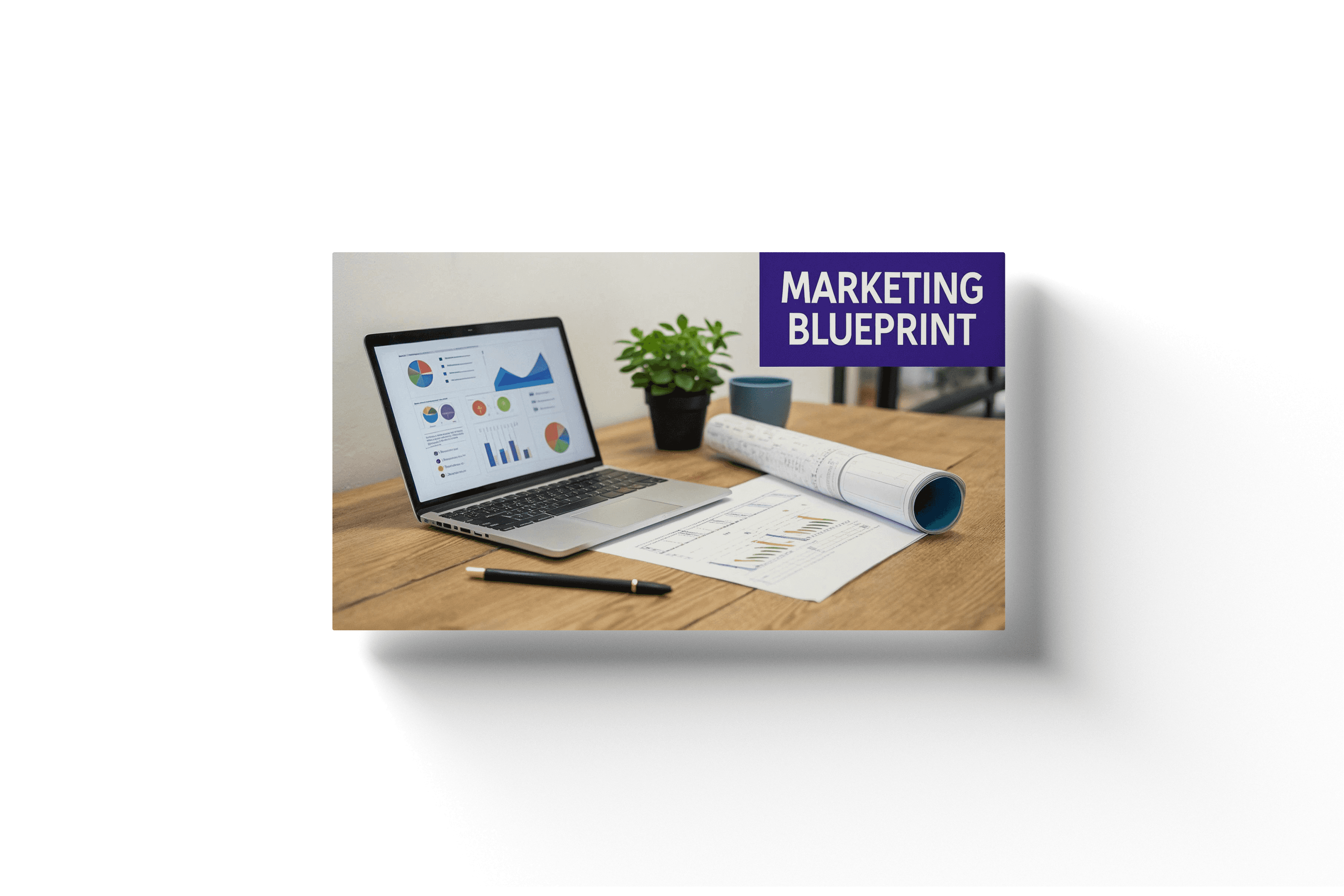 a laptop and blueprint on a desk with a purple text box displaying 'marketing blueprint' in the background