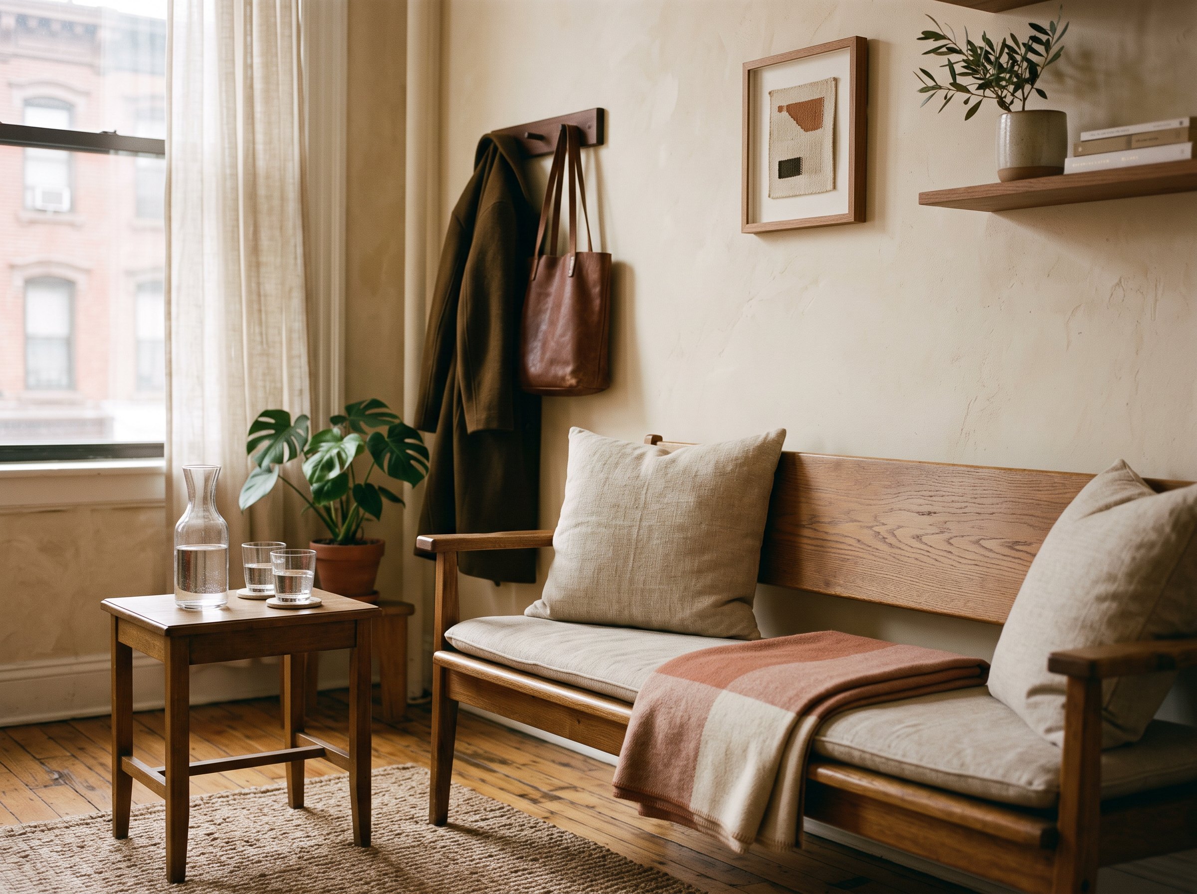 A quiet waiting nook with a bench, a water carafe and a coat on a hook