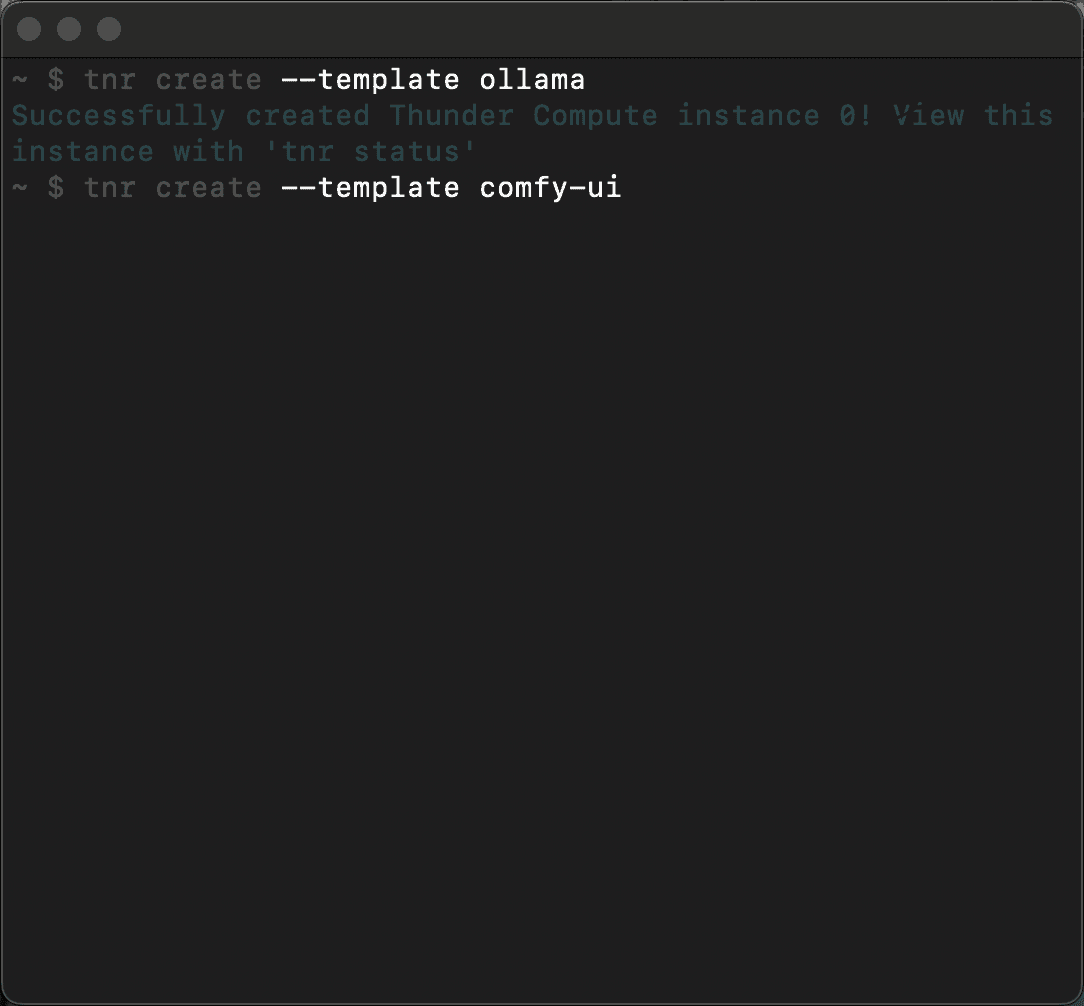 Screenshot of Thunder Compute CLI templates for ollama LLM serving and comfy-ui image generation with Stable Diffusion