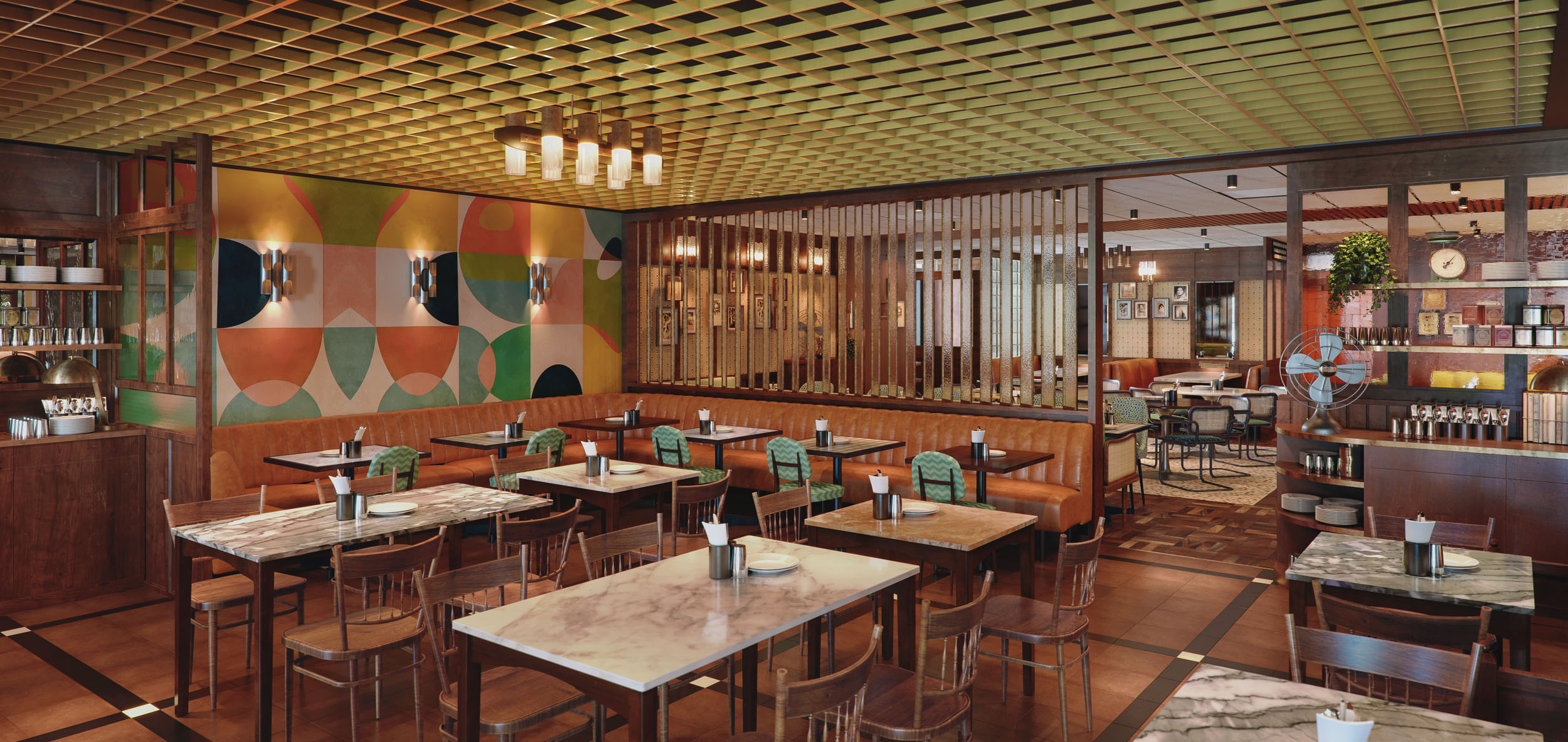 Architectural CGI restaurant interior visualisation, photorealistic render.