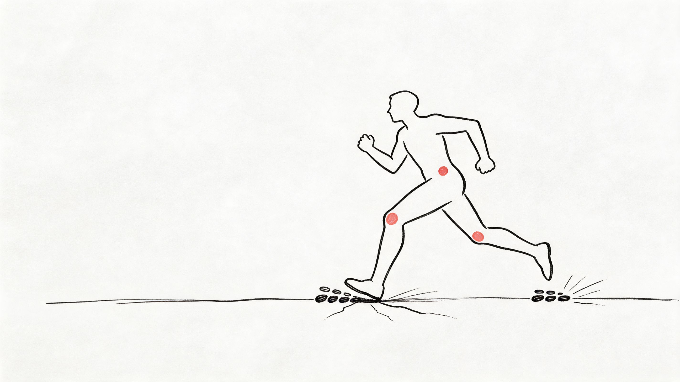 A line drawing of a person running with red dots highlighting potential joint pain areas.